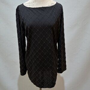 Liz Claiborne Sz L Black Diamond Pattern Beaded Long Sleeve Dressy Tunic Top
